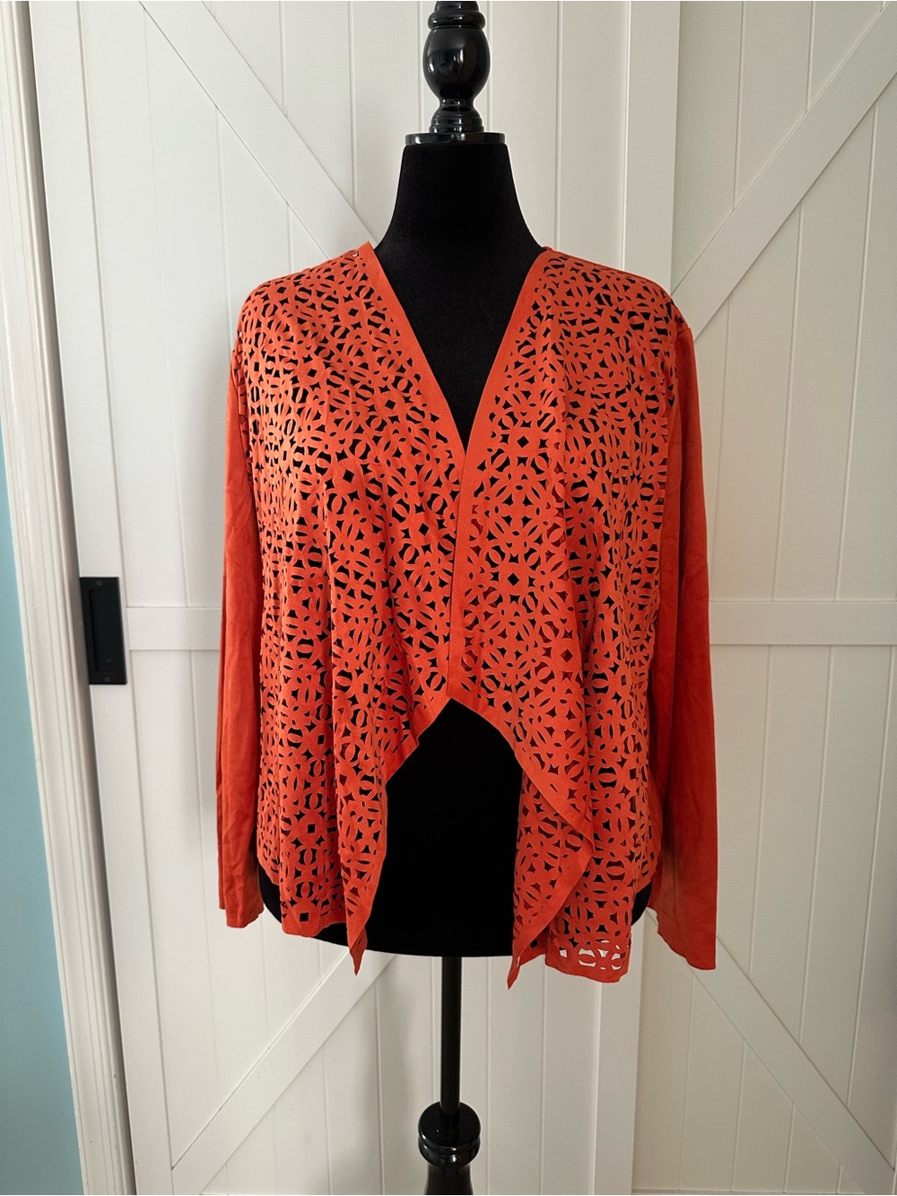 Chico’s Size 3 Orange Faux Suede Laser Cut Open Front Cardigan NWT SZ XL 16